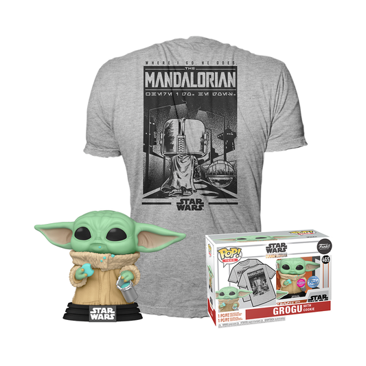 MANDALORIAN - POP N° 465 - Grogu avec Cookie (Flocked) + T-Shirt - L